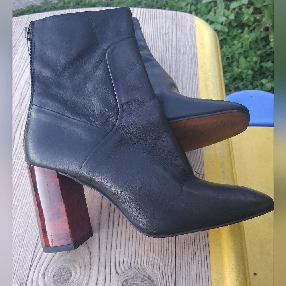 Black Leather Ankle Boots with Brown Block Heel
